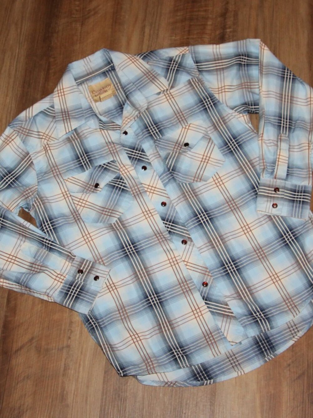 LIKE NEW! Boy SIZE MEDIUM Blue & White Plaid Western Pearl Snap Top